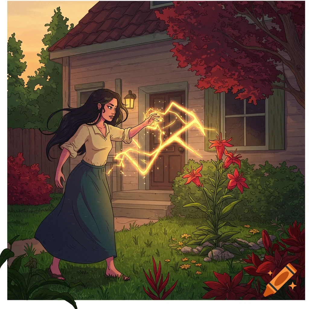 A woman is casting lightning on a plant outside her house.