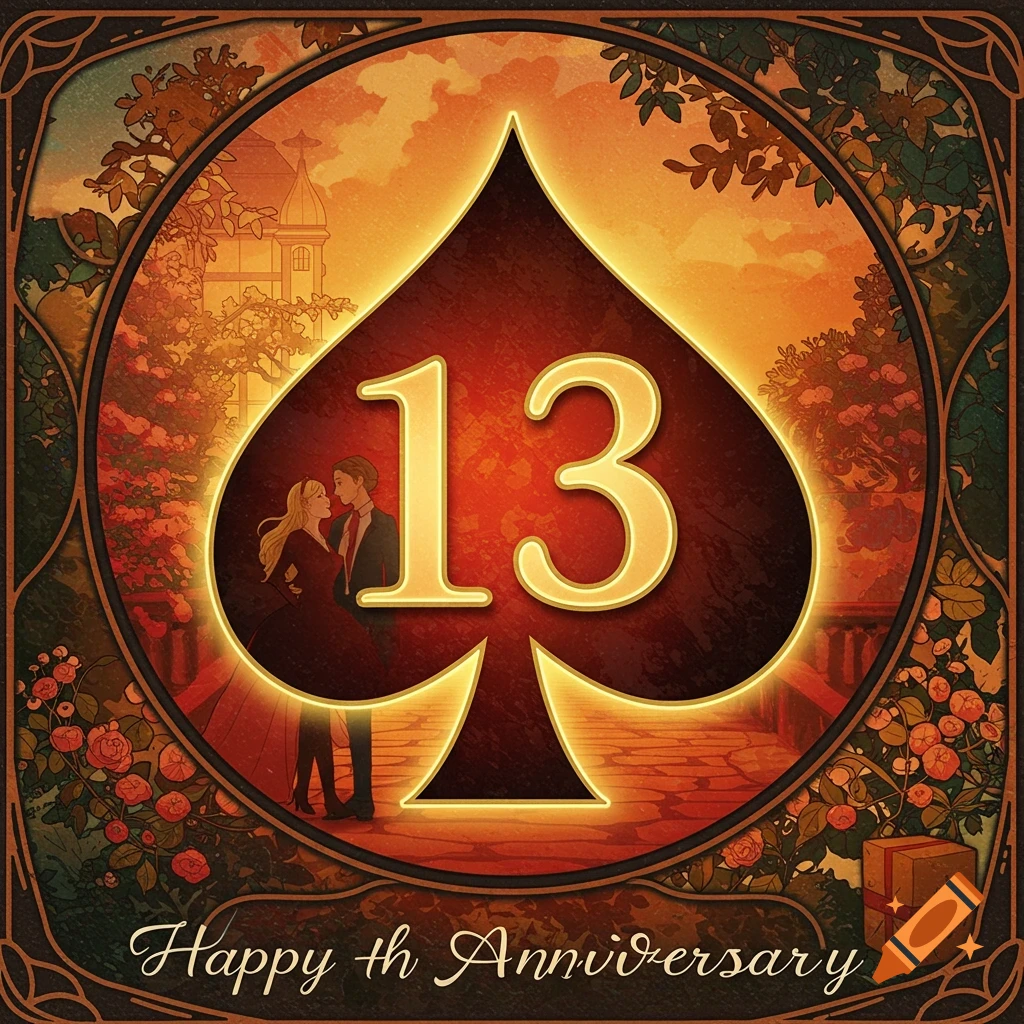 An image of a spade with '13', a couple, and text 'Happy 13th Anniversary', surrounded by flowers and greenery.