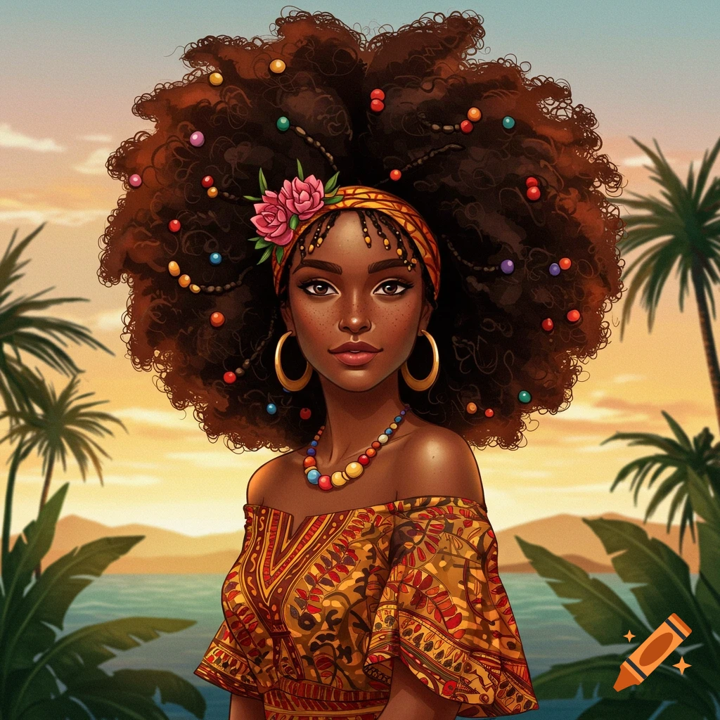 Image of a woman with a large afro adorned with colorful beads, wearing a headband and a colorful dress against a tropical sunset.