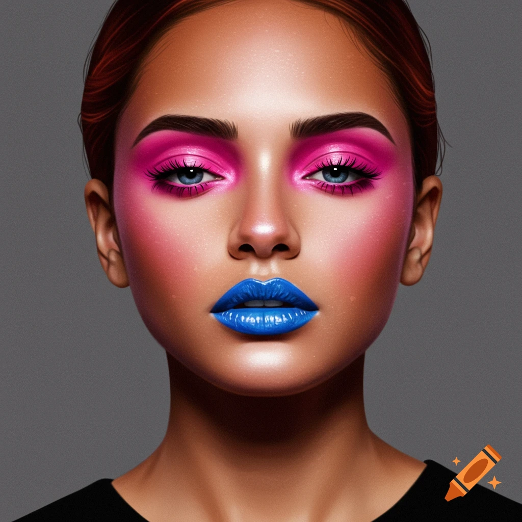 Woman's face with bright pink eyeshadow and blue lipstick.
