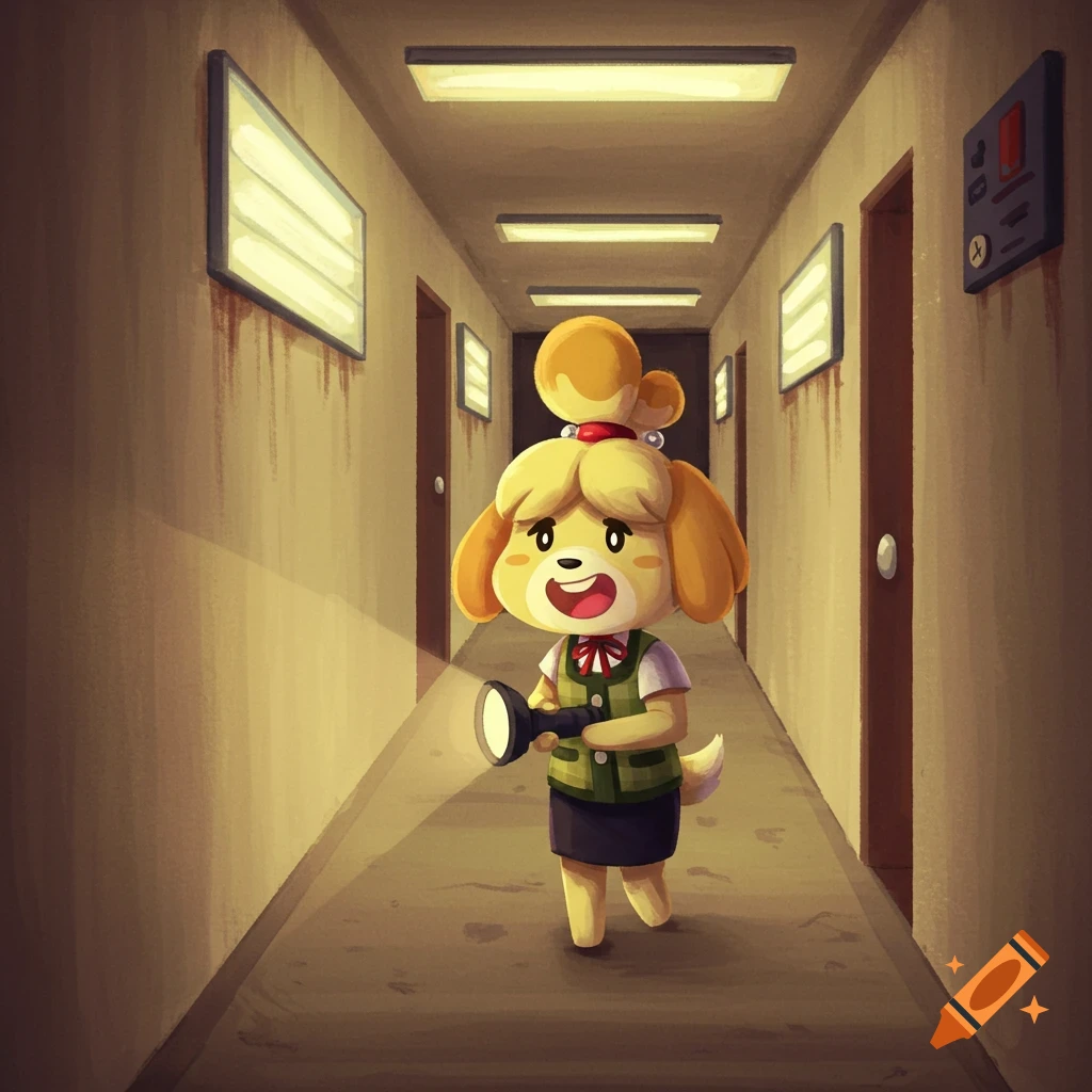 Isabelle from Animal Crossing explores a dark hallway with a flashlight.