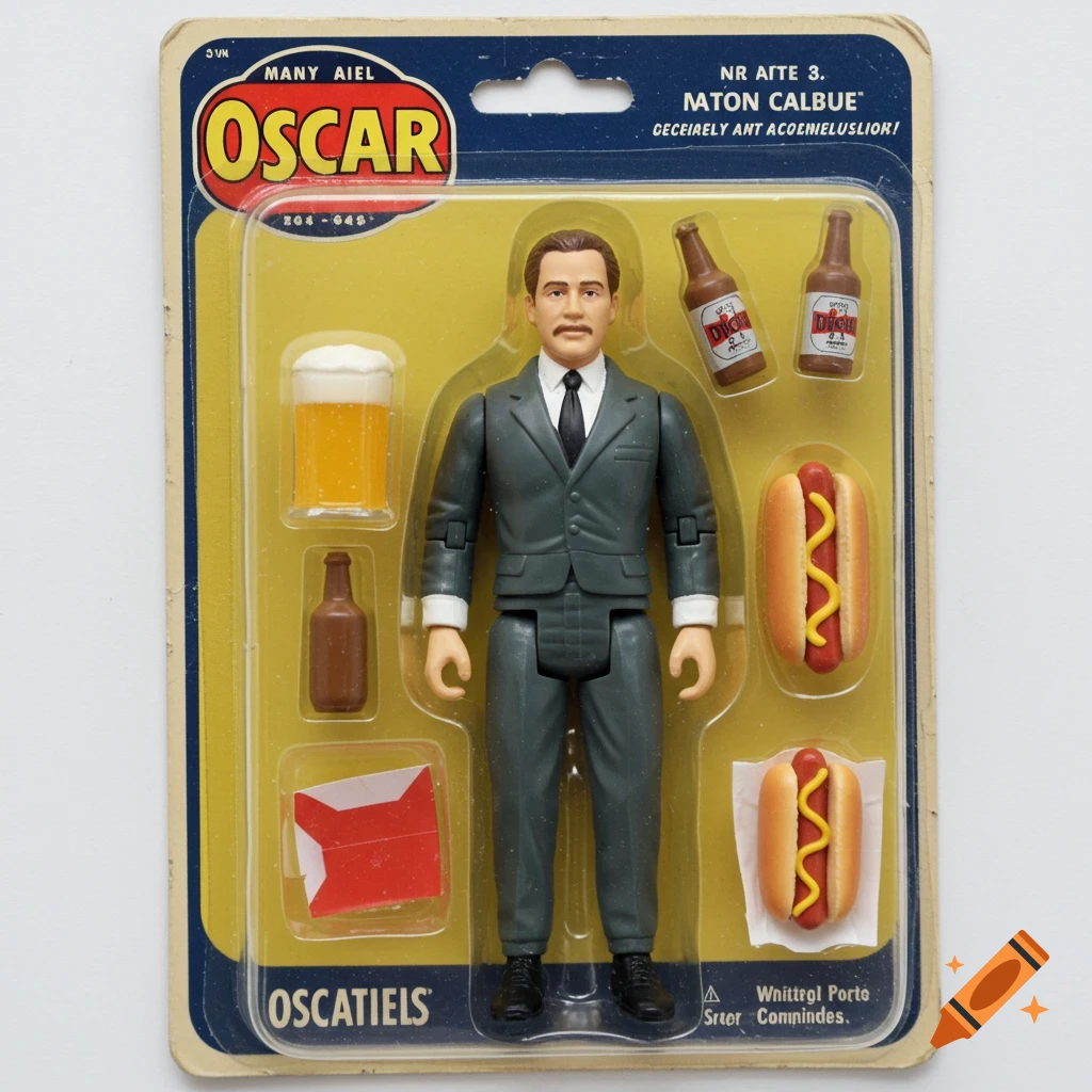 An action figure in vintage blister-pack packaging with toy beer, hot dogs, and other accessories.