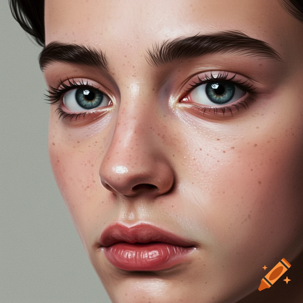 Close-up of a young person's face with bright blue eyes and freckles.