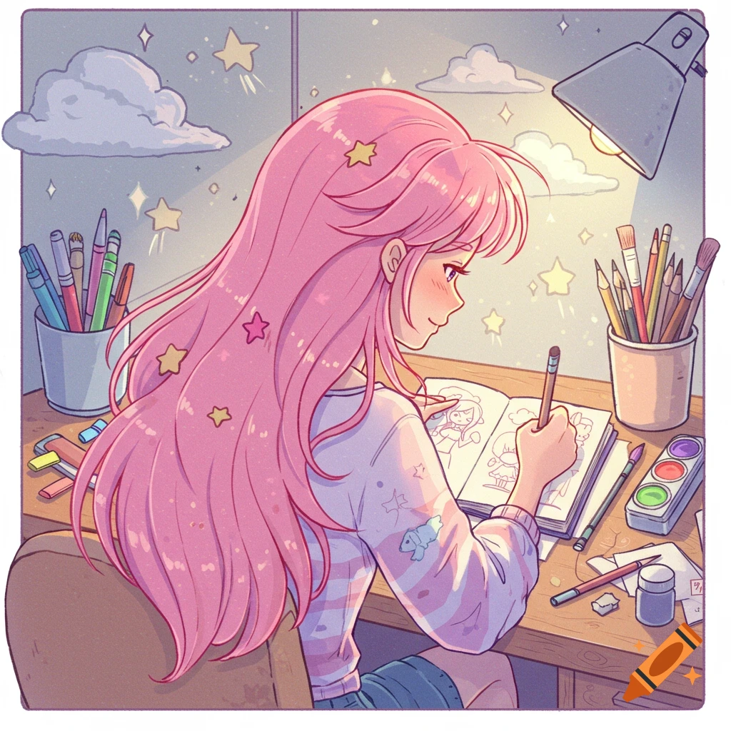 Anime girl with pink hair drawing in a sketchbook at a desk with art supplies. Cartoon style.