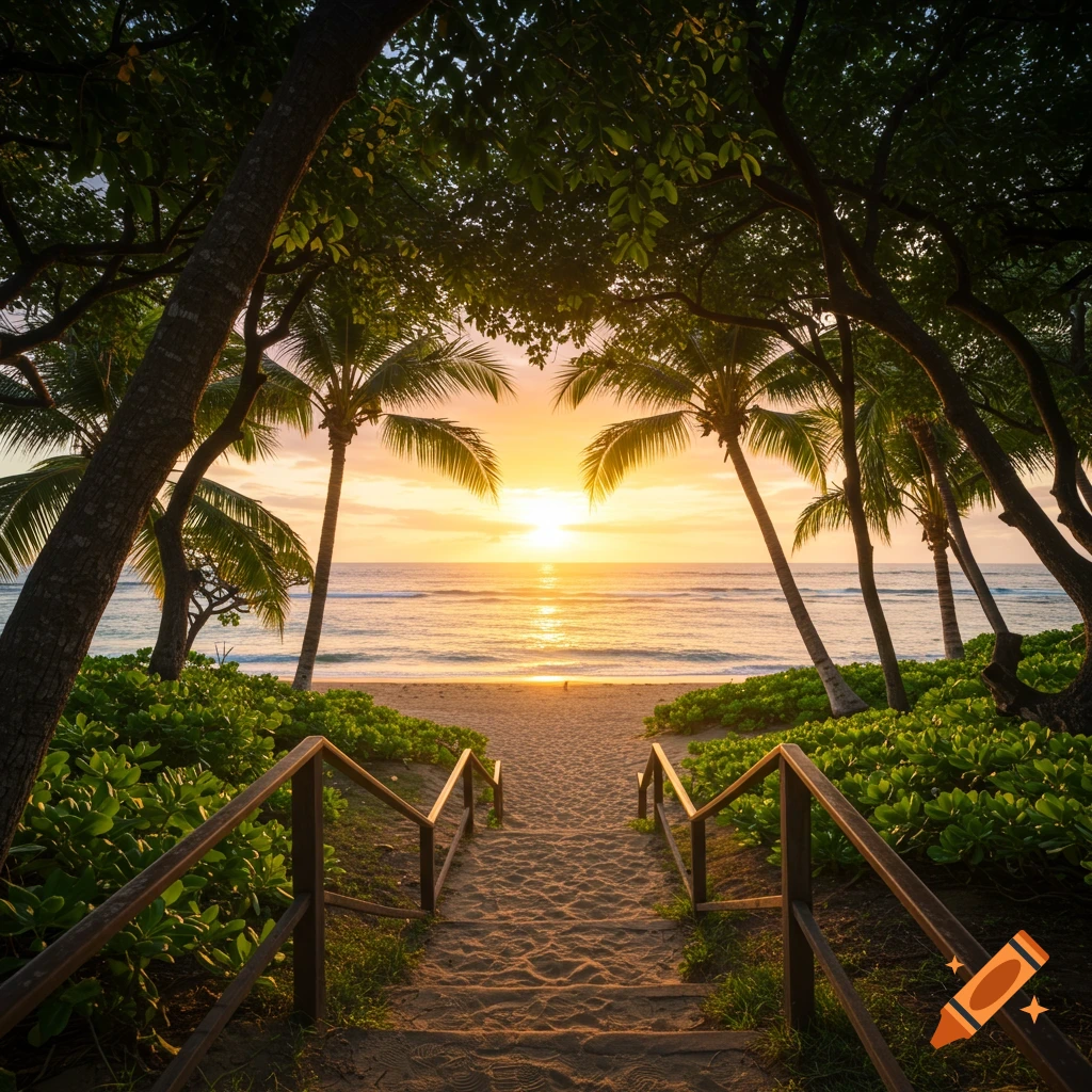 Sandy path framed by palm trees leading to a beach during a golden sunrise over the ocean.