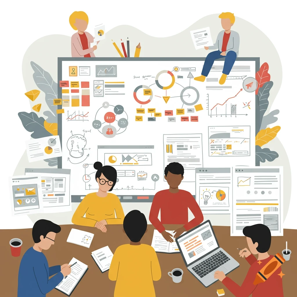 Flat illustration of diverse people in a business meeting looking at charts, diagrams, and screens.