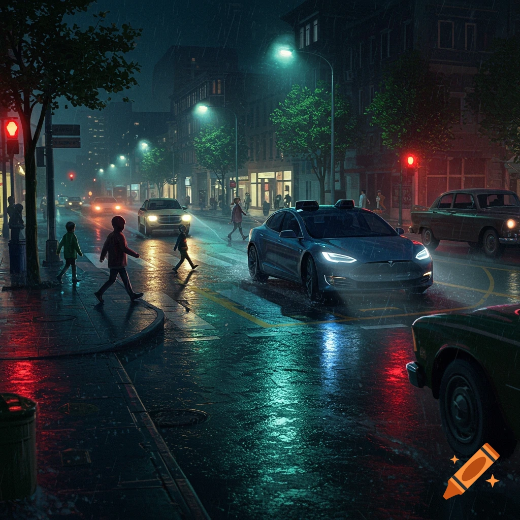 A rainy city street at night with cars, people with umbrellas, and reflective puddles