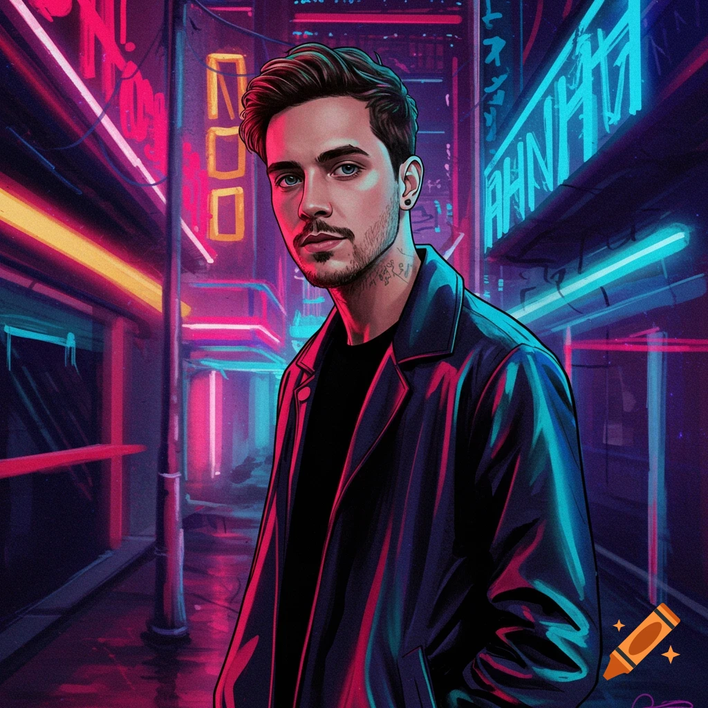 A man in a leather jacket stands in a neon-lit cyberpunk street.