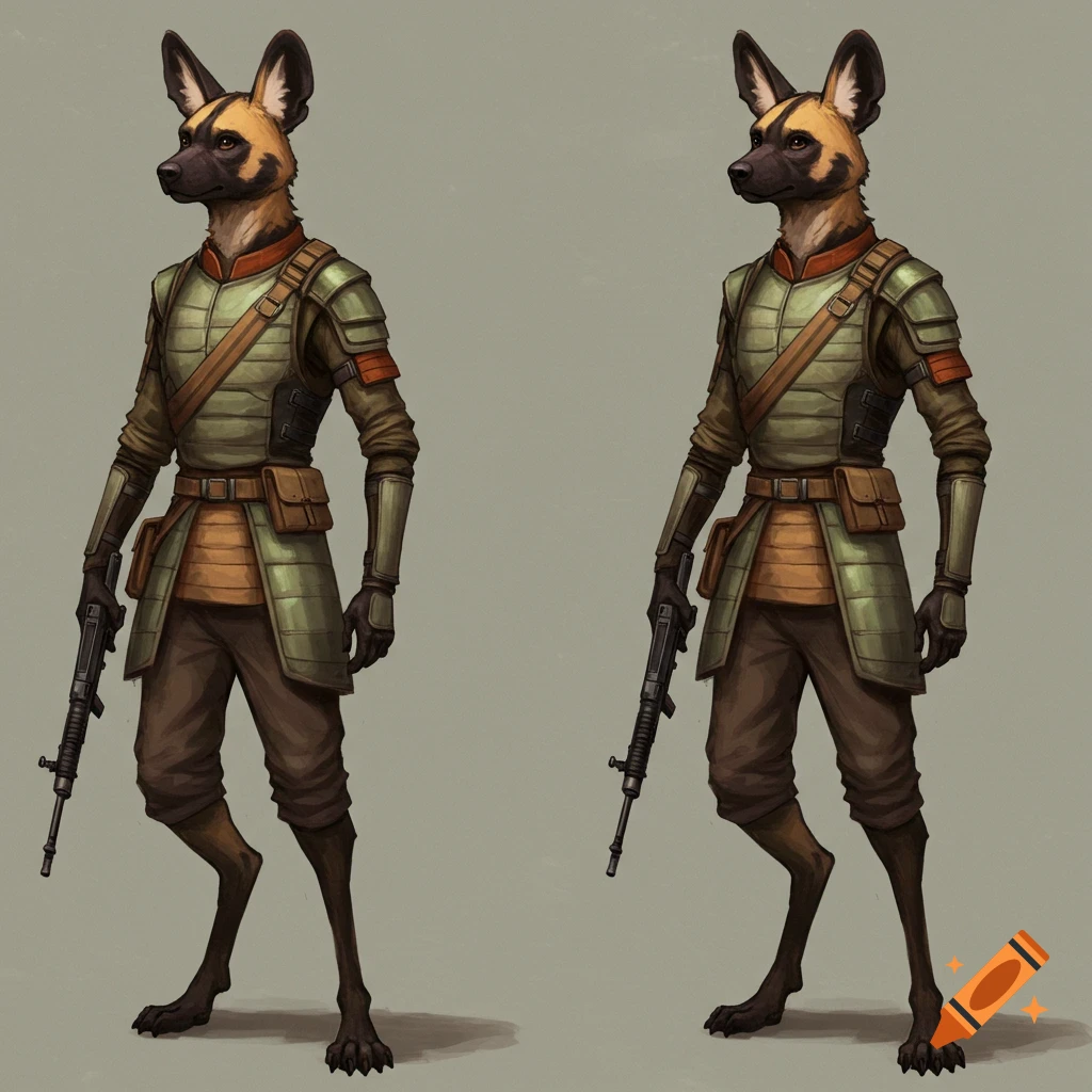 Two identical illustrations of an anthropomorphic African painted dog soldier in green armor holding a rifle.