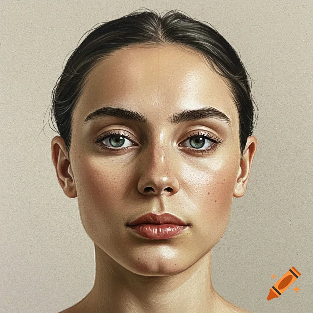 Detailed realistic portrait drawing of a young woman's face with freckles and green eyes.