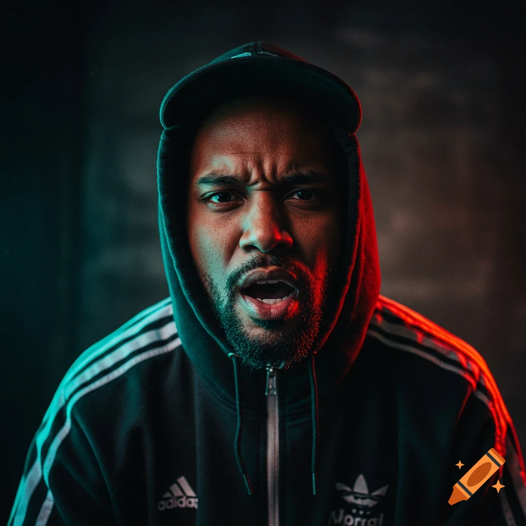 Portrait of a man in a black hoodie and cap under dramatic red and teal lighting, looking at the camera.