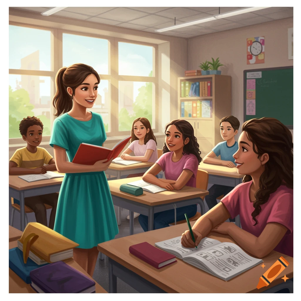 A teacher is teaching students in a sunny classroom.