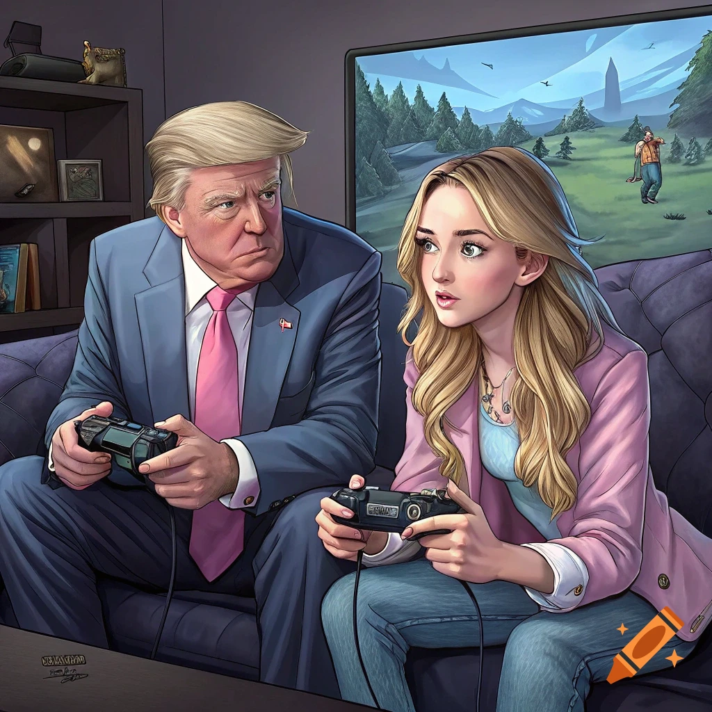 Stylized illustration of Donald Trump and a young woman playing video games on a couch.