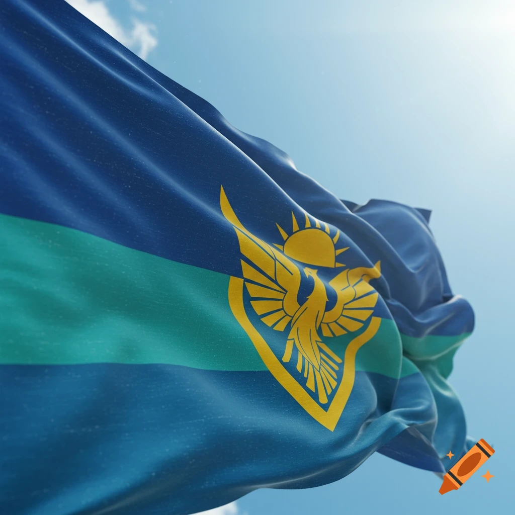 A flag with blue and teal horizontal stripes and a yellow crest featuring a bird and a sun, waving against a blue sky.