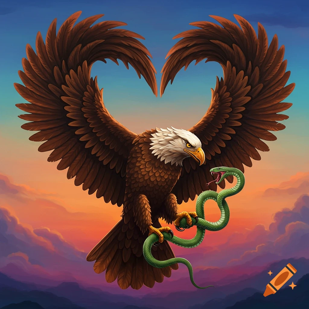 An eagle holding a green snake, with its wings spread to form a heart shape against a cloudy sunset sky.