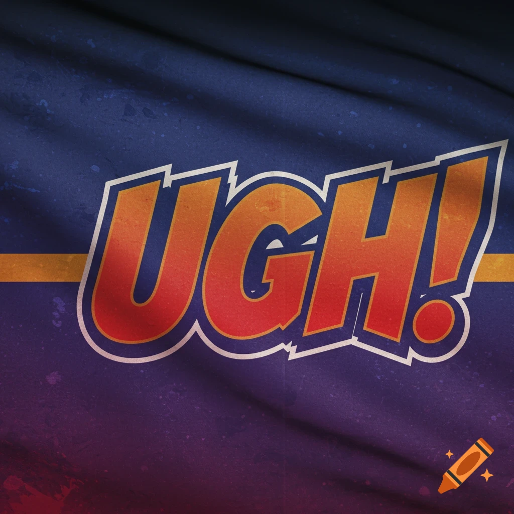 Stylized text 'UGH!' on a blue and purple flag with an orange stripe
