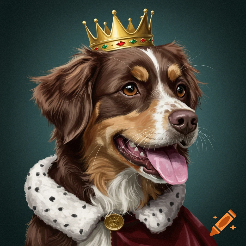 A dog wearing a crown and royal cape.
