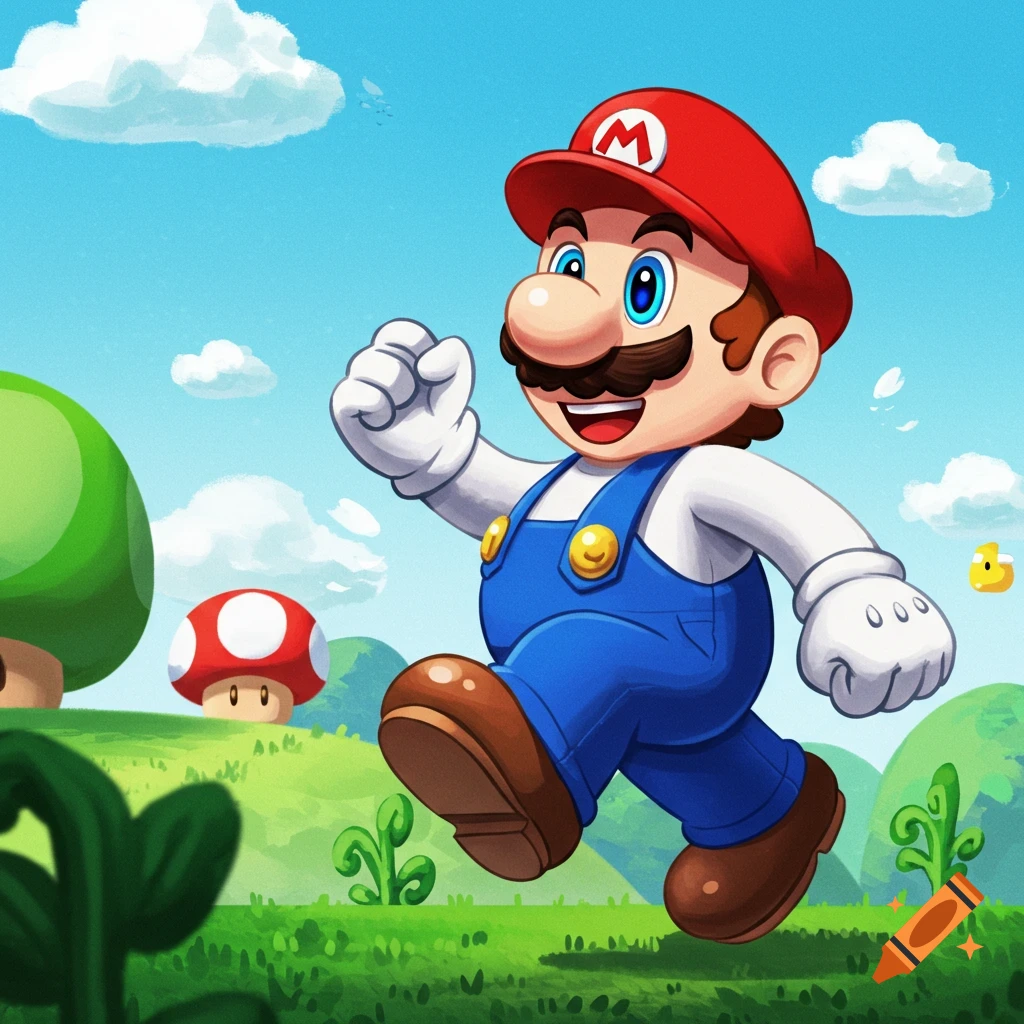 Mario running through a grassy field with mushrooms.
