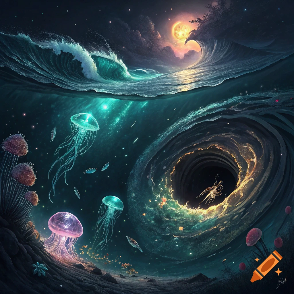 Surreal underwater scene with jellyfish, a large wave, a starry sky, and a glowing black hole vortex.