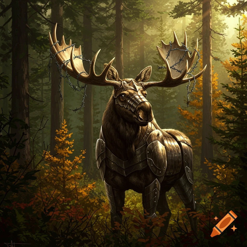 An armored moose with barbed wire on its antlers standing in a forest.