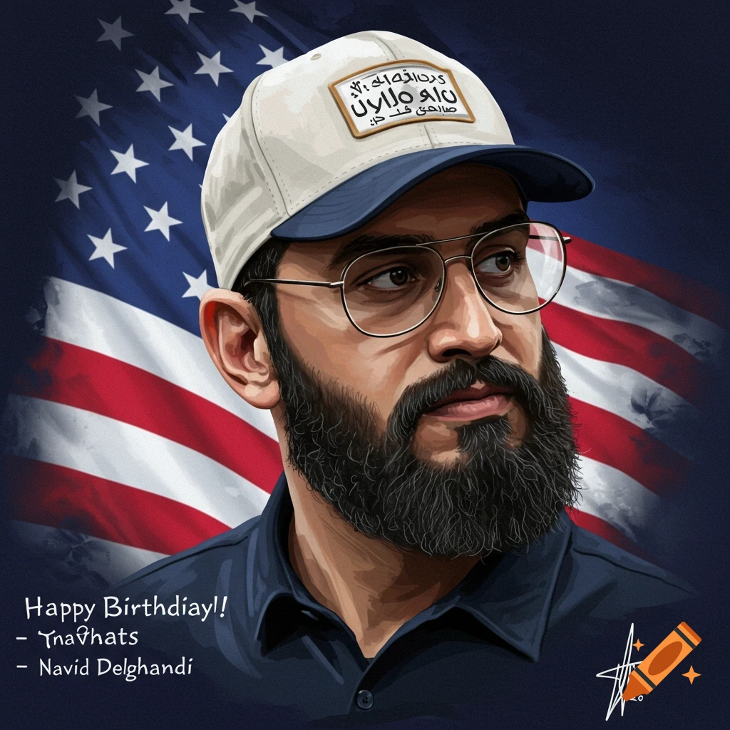 Digital illustration of a man with glasses and beard wearing a hat, against an American flag backdrop.