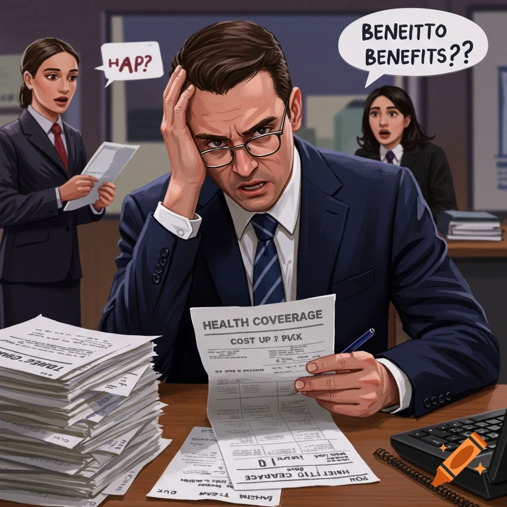 A man sits at a desk, looking stressed at bills and a health coverage notice, while employees in the background react with concern.