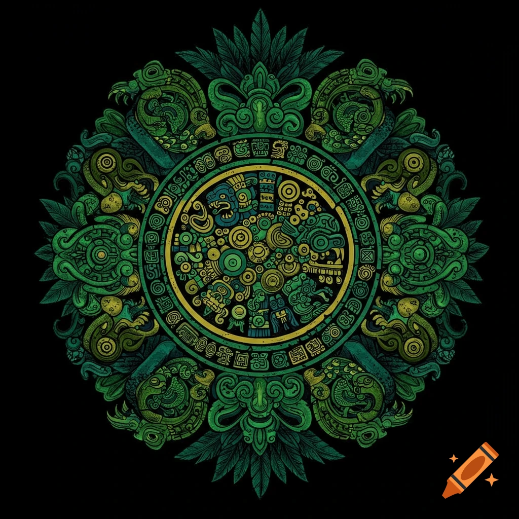 Intricate green and yellow Aztec-style circular design featuring serpents, faces, and glyphs on a black background.