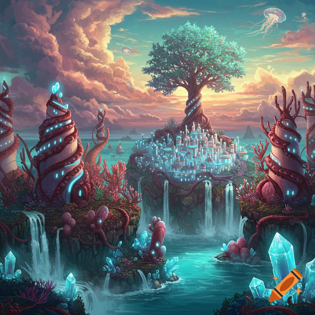 A surreal image of a fantasy island city built around a glowing tree, with waterfalls, crystals, and floating jellyfish.