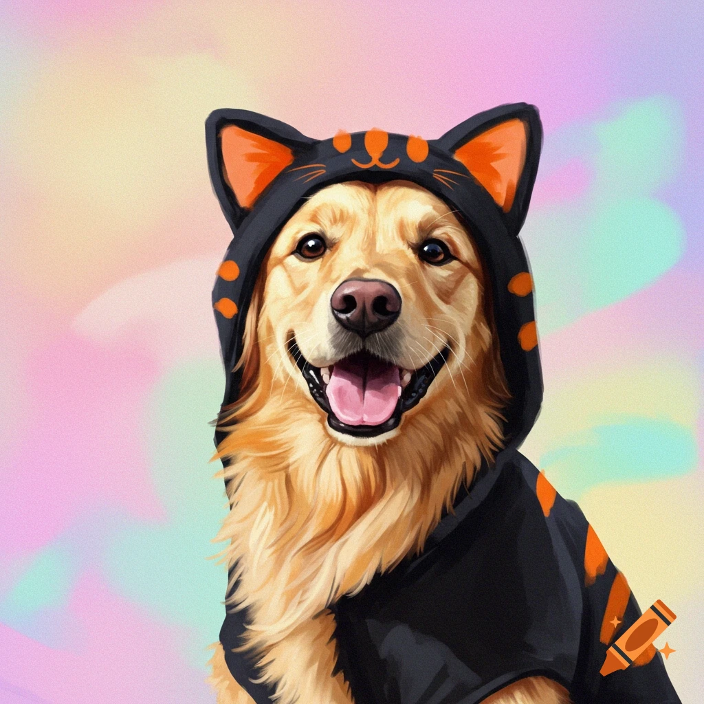 A golden retriever in a black and orange cat costume hoodie.