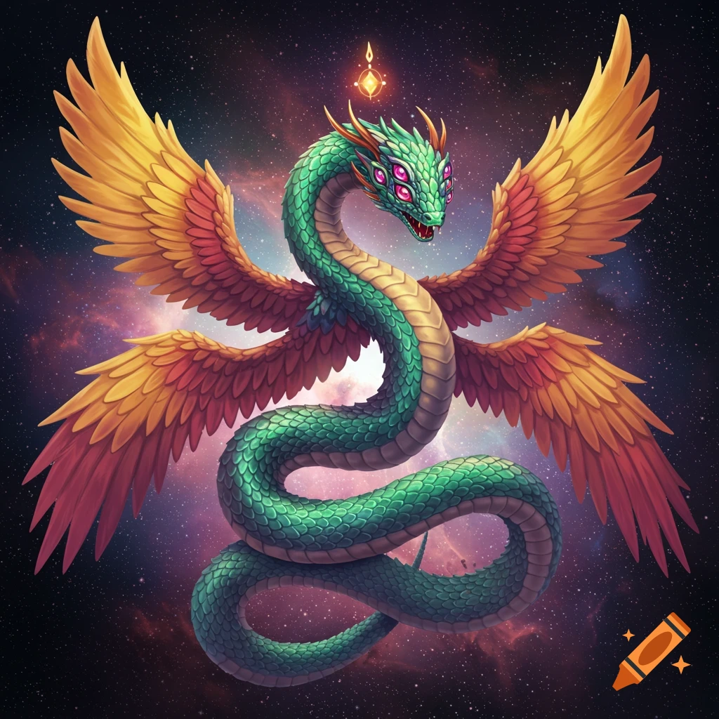 A green serpent creature with six eyes and colorful wings floats in space.