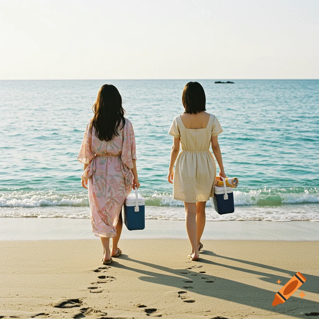 Two women walk on a beach towards the ocean, carrying coolers and a blanket.
