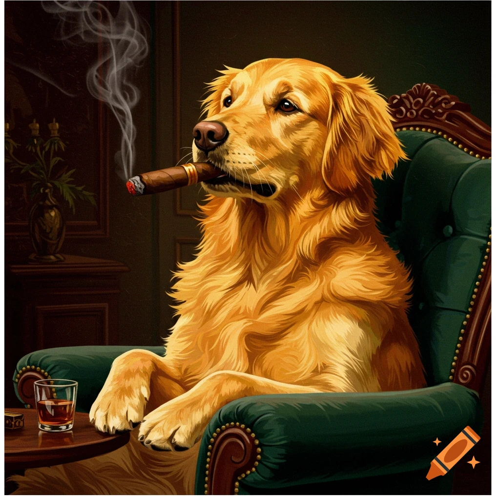 A golden retriever dog is sitting in a chair, smoking a cigar with a drink beside it.
