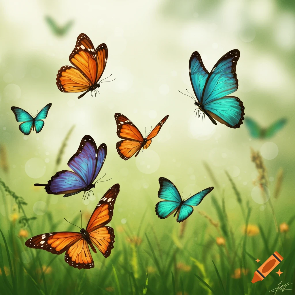 Orange and blue butterflies flying over green grass.