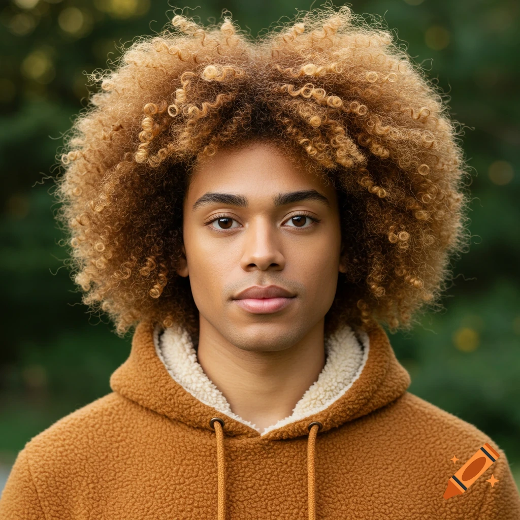 Photorealistic portrait of a young man with large curly hair wearing a brown hoodie.