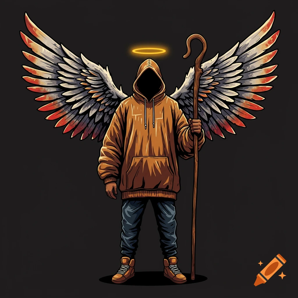 Stylized illustration of a hooded figure with large wings and a halo, holding a shepherd's staff.