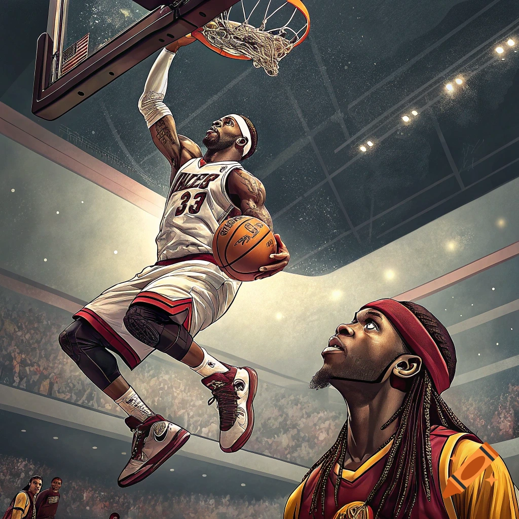 A basketball player in a white jersey with number 33 dunks over another player in a red and yellow jersey in a stadium.
