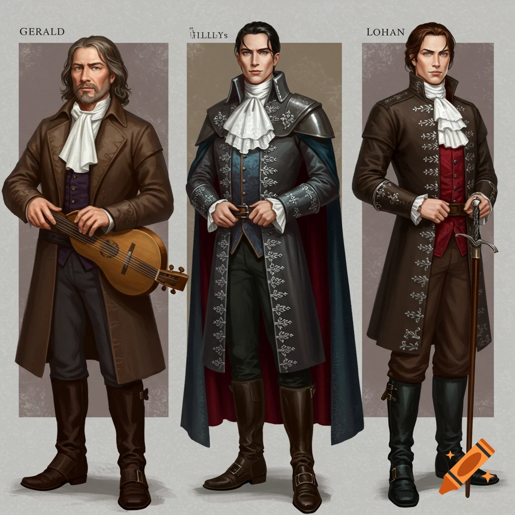 Three men in historical fantasy attire, one holds a lute, one holds a sword.