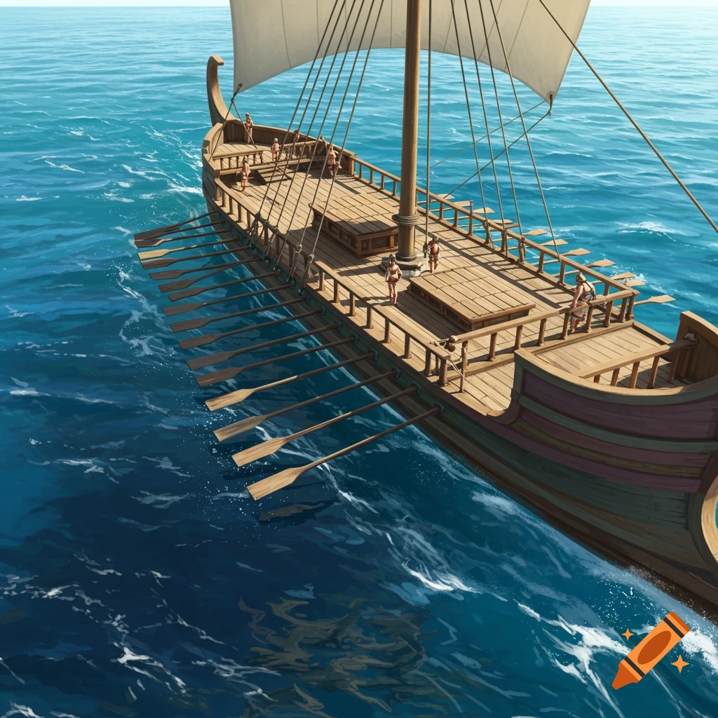An ancient trireme ship with rowers on the open sea.