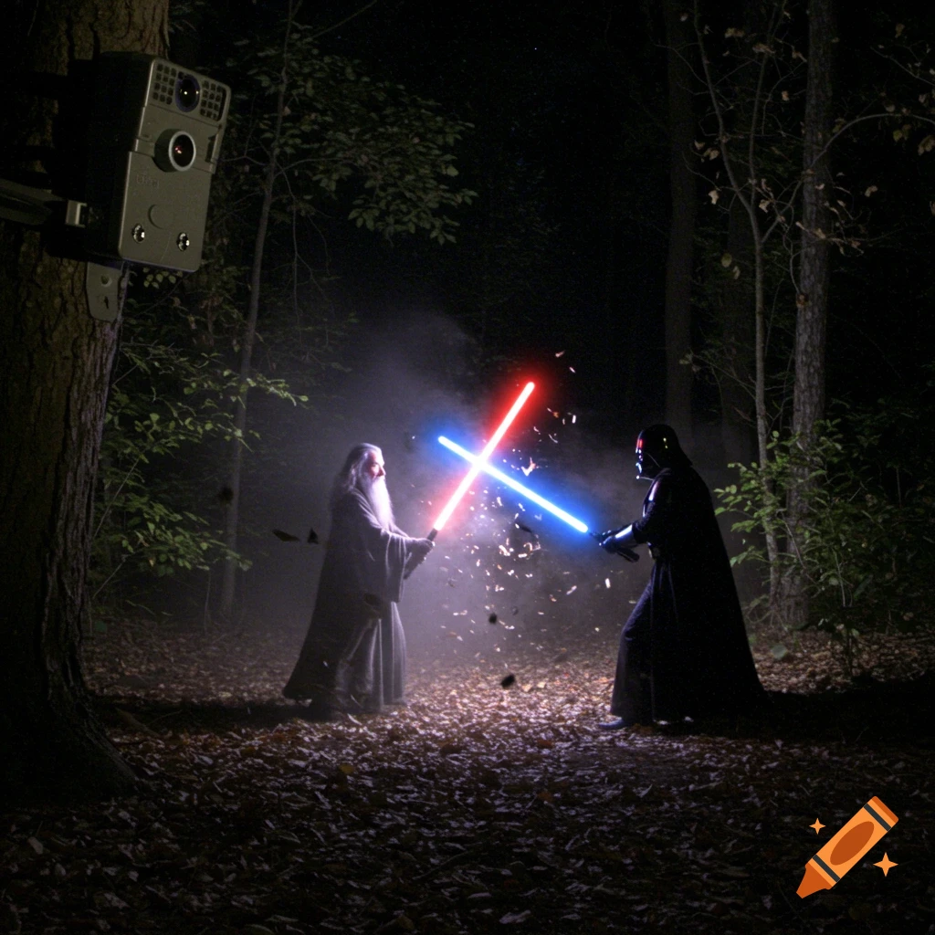 Gandalf and Darth Vader battle with lightsabers in a dark forest ...