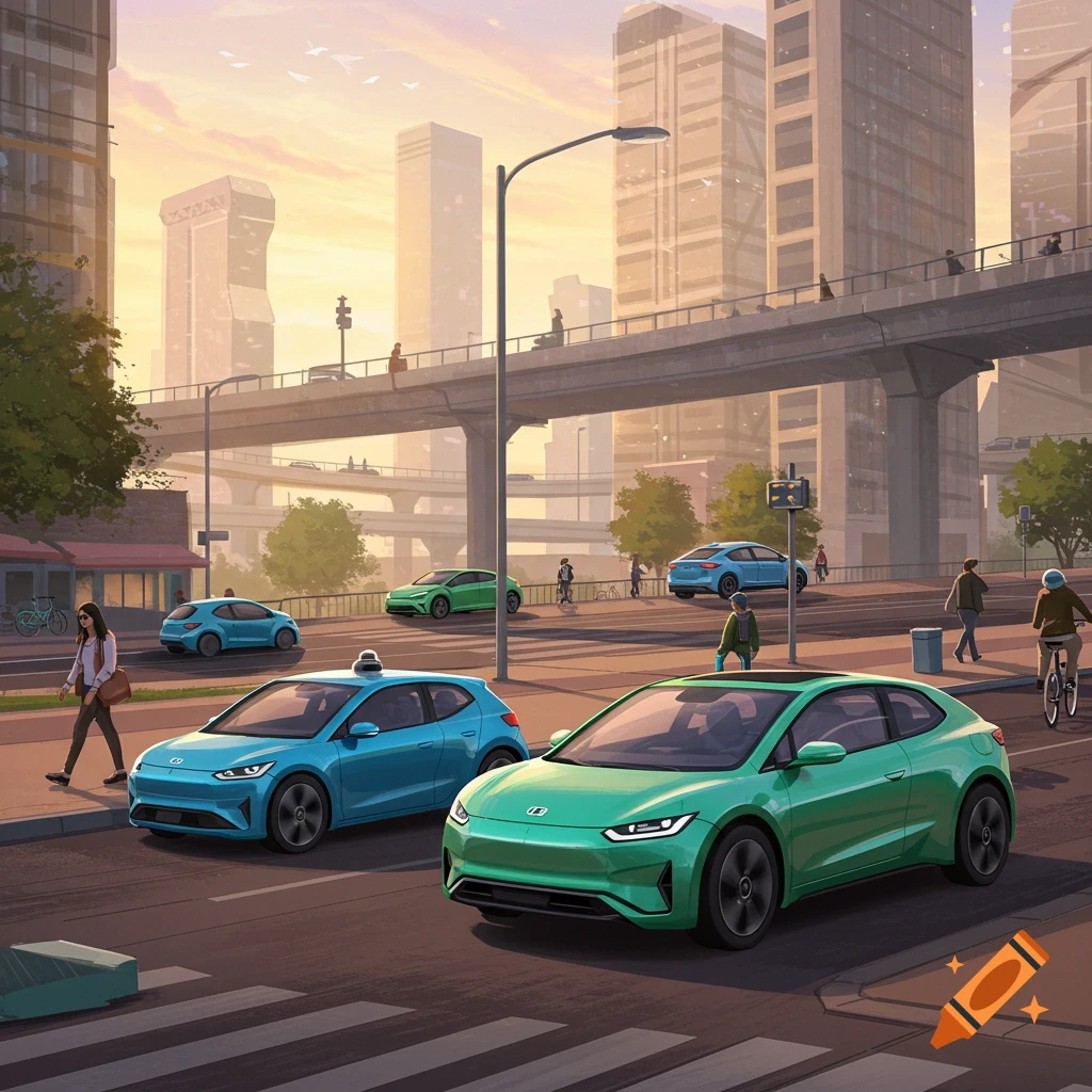Self-driving cars on a busy city street with buildings and an overpass.