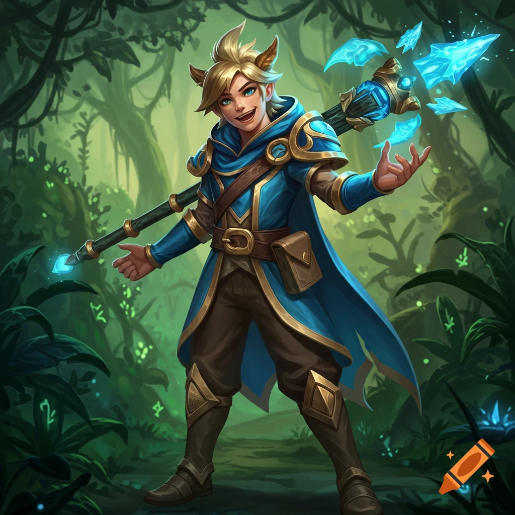 A young man in blue and gold fantasy armor holding a magical staff in a forest.