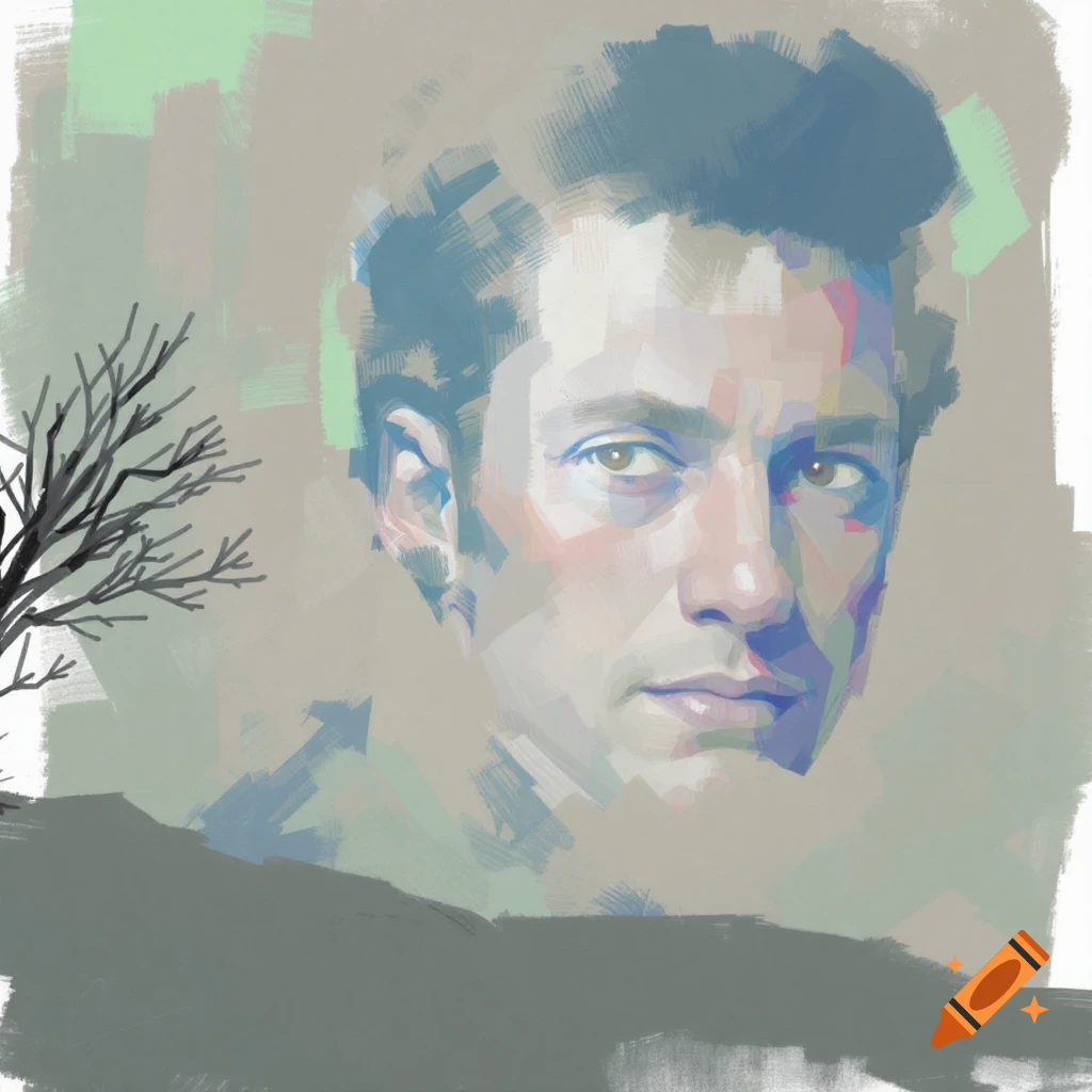 Portrait of a man with stylized brushstrokes, with a barren tree on the left.