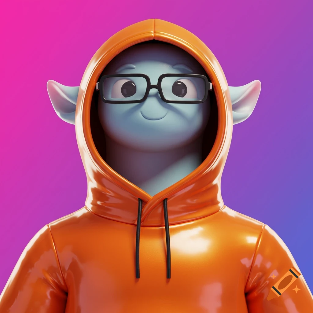 A 3D VRchat style avatar of a blue creature with glasses wearing a shiny orange hooded sweatshirt.