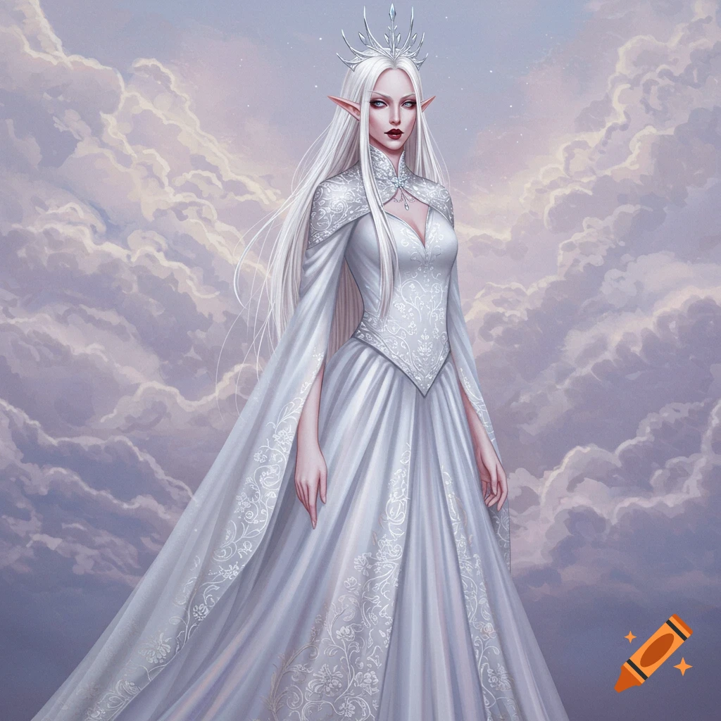 Pale elf queen in a white dress and crown stands against a cloudy background.