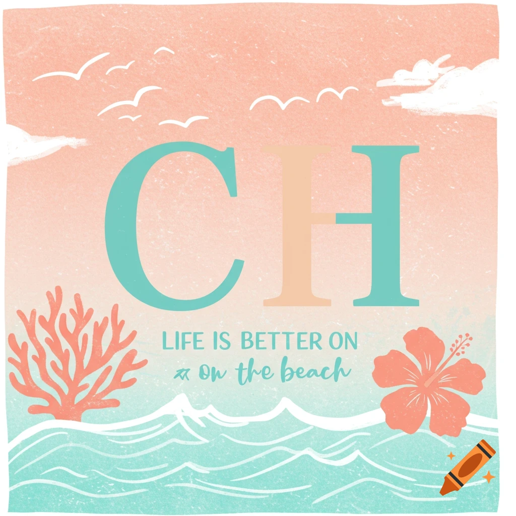 Illustration of a beach scene with 'CH' and 'Life is better ON on the beach' text, coral, hibiscus, birds, waves in pastel.