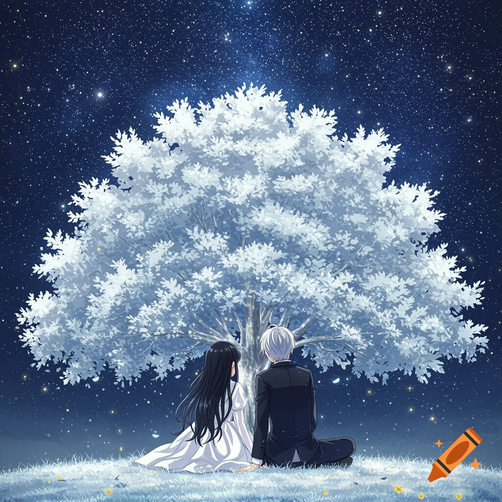 Two anime characters sit under a large white tree, gazing at a starry night sky.