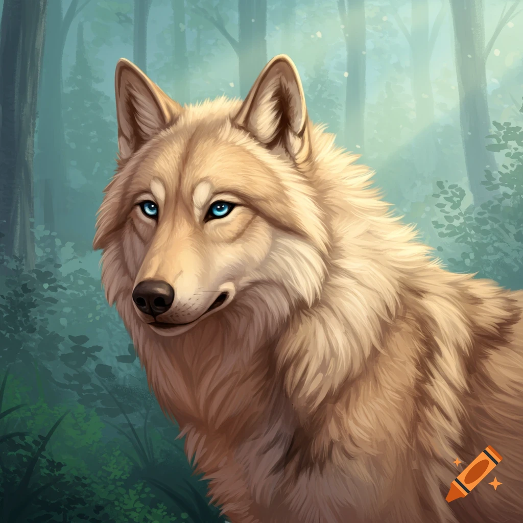 A light brown wolf with striking blue eyes stands amidst a forest.