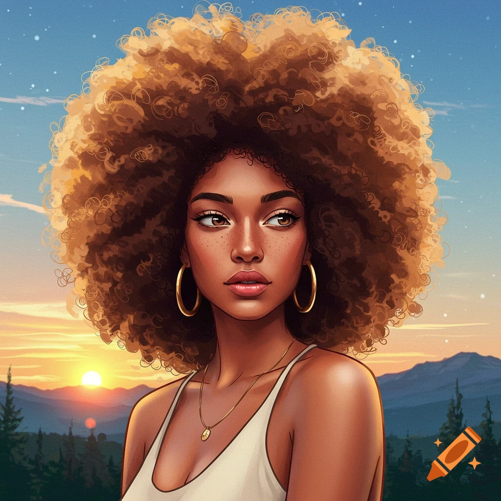 Stylized digital portrait of a woman with a large afro and hoop earrings against a sunset mountain landscape.