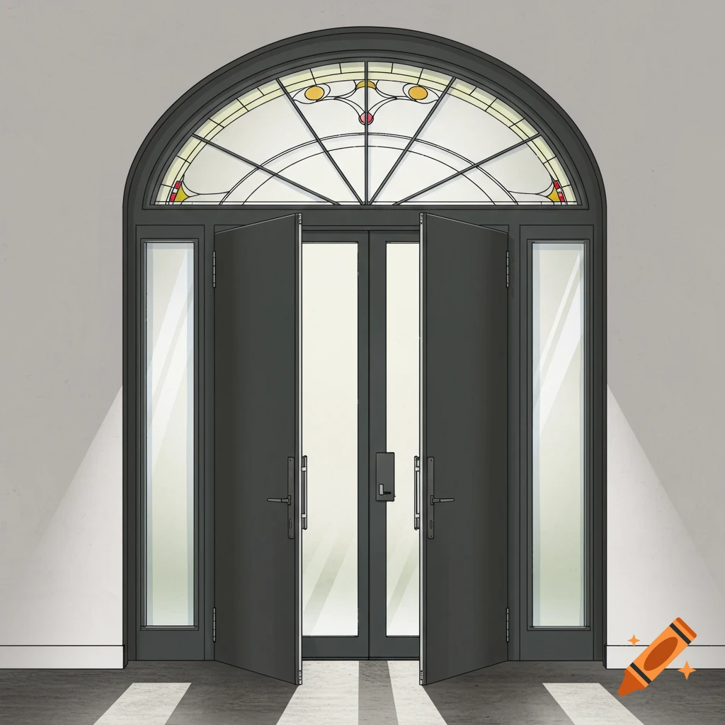 Drawing of open double doors with side windows and a semi-circular stained glass window above.