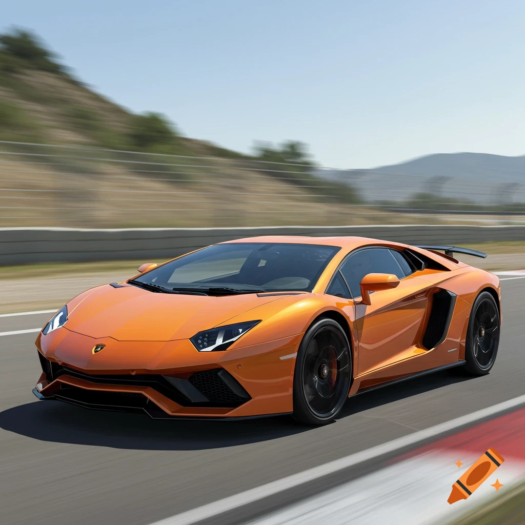 Orange Lamborghini Aventador driving on a race track